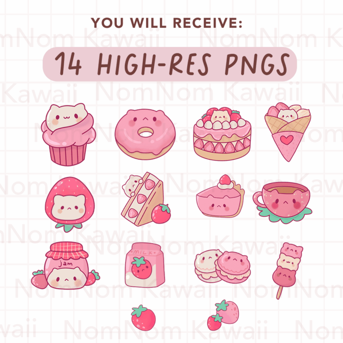 Cute Kawaii Strawberry Cat Clipart, PNG, Commercial - Image 2