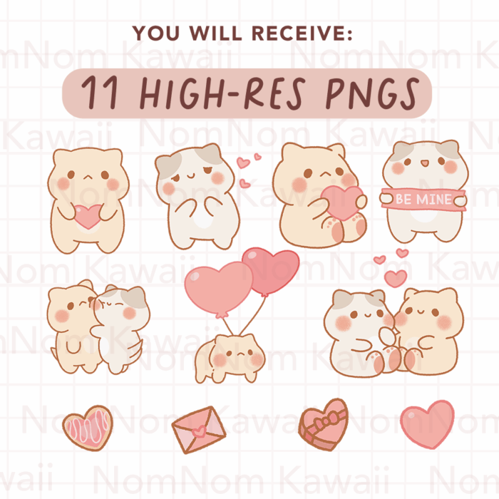 Cute Kawaii Cat Valentine Clipart, PNG, Commercial - Image 2