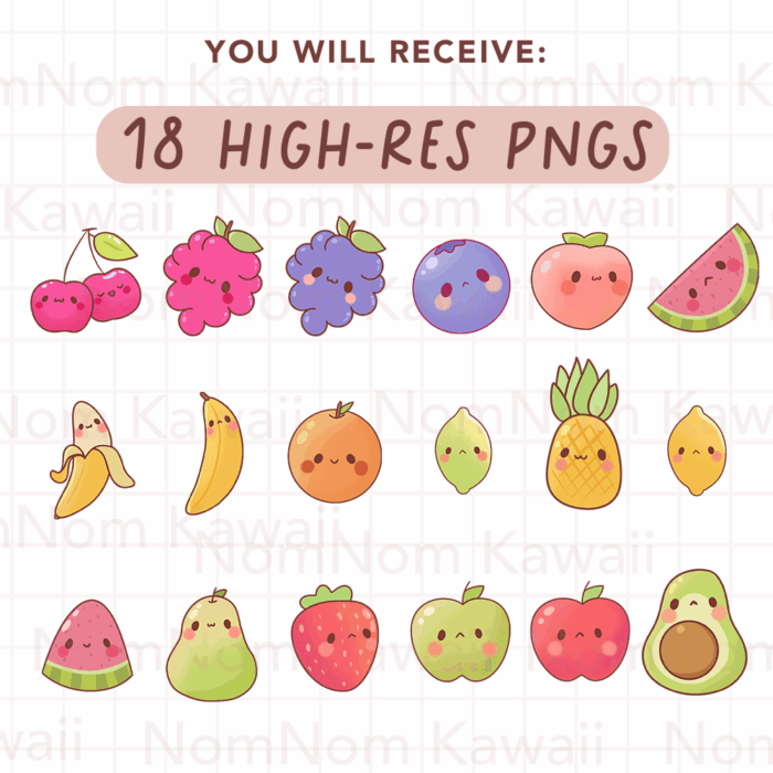 Kawaii Fruits Clipart, PNG, Commercial - Image 2
