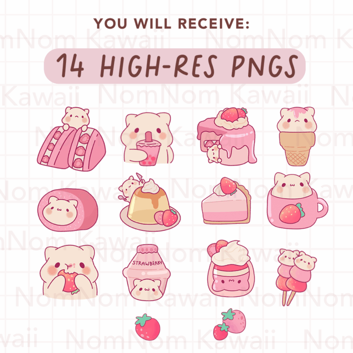 Cute Kawaii Strawberry Cat Clipart Part 2, PNG, Commercial - Image 2