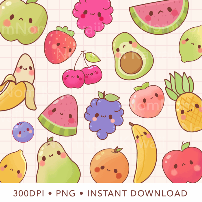 Kawaii Fruits Clipart, PNG, Commercial