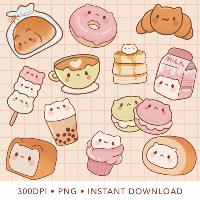 Cute Kawaii Cat Bakery Clipart, PNG, Commercial