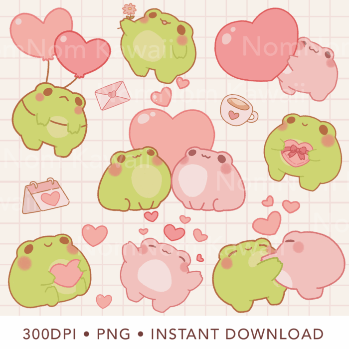 Cute Kawaii Frog Valentine Clipart, PNG, Commercial