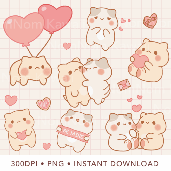 Cute Kawaii Cat Valentine Clipart, PNG, Commercial