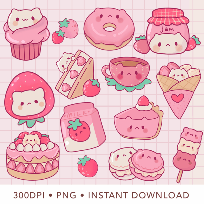Cute Kawaii Strawberry Cat Clipart, PNG, Commercial