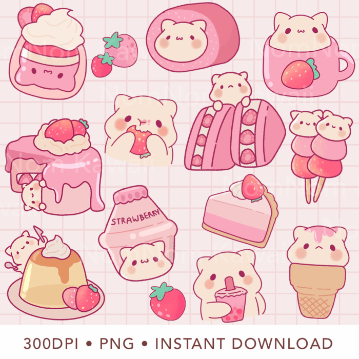 Cute Kawaii Strawberry Cat Clipart Part 2, PNG, Commercial