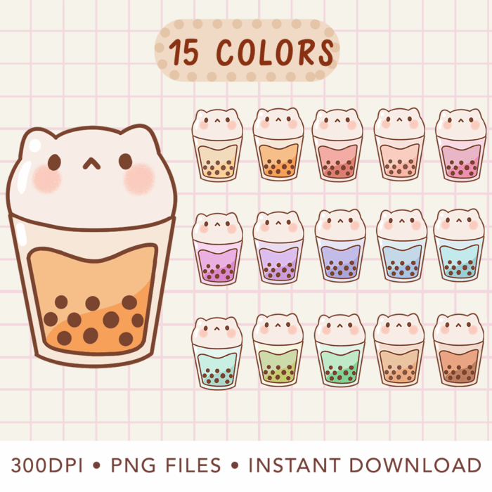 Kawaii Cat Boba Tea Clipart, Cat Drinks, Cat Boba, Kawaii Drinks & Food PNGs, PNG, Commercial
