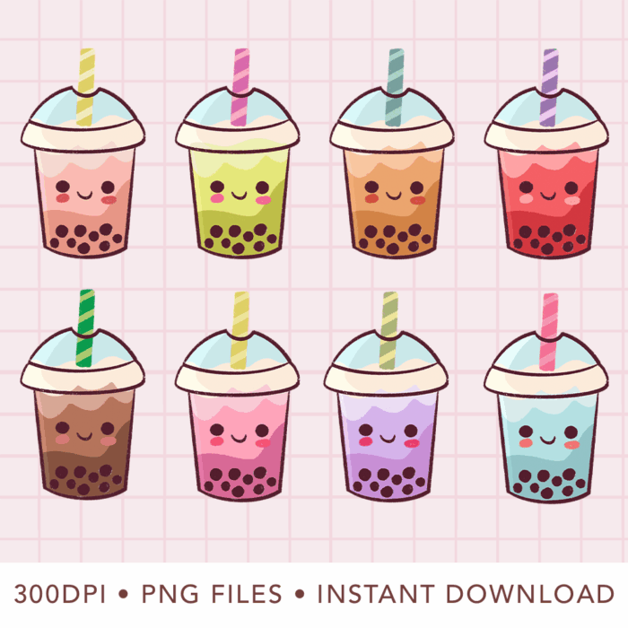 Cute Kawaii Boba Tea Clipart, PNG, Commercial