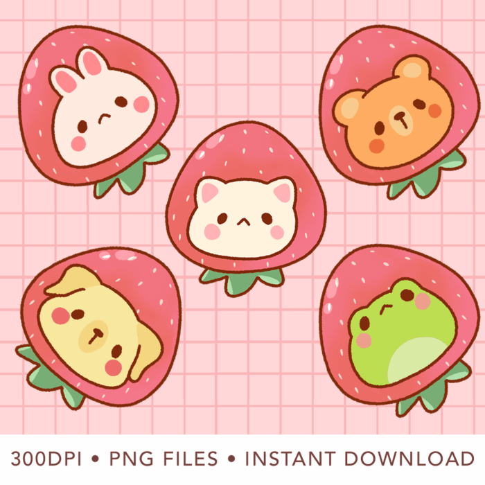 Cute Kawaii Strawberry Animals Clipart, PNG, Commercial