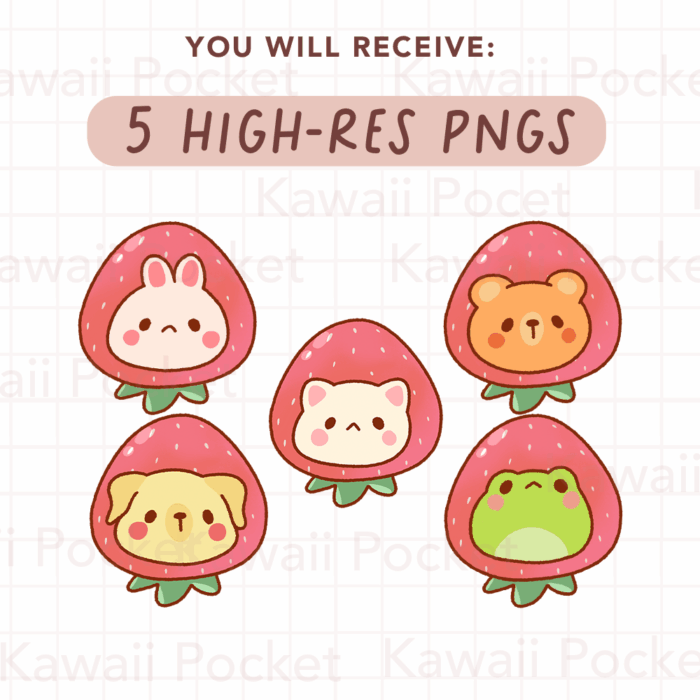 Cute Kawaii Strawberry Animals Clipart, PNG, Commercial - Image 2