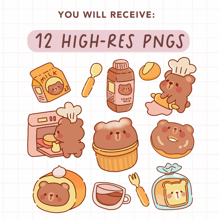 Cute Kawaii Bear Bakery Clipart Part 2, PNG, Commercial - Image 2