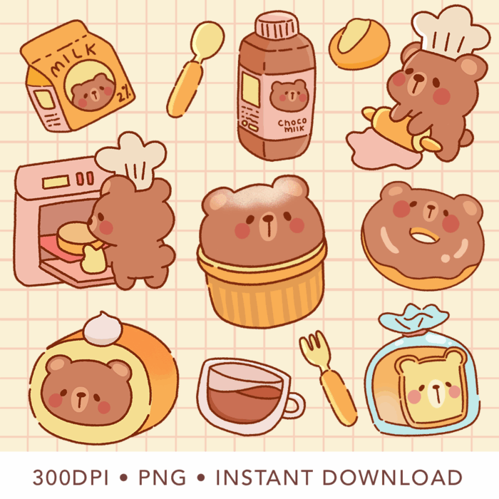Cute Kawaii Bear Bakery Clipart Part 2, PNG, Commercial