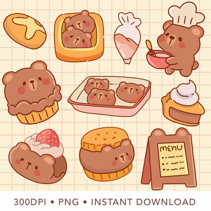 Cute Kawaii Bear Bakery Clipart, PNG, Commercial