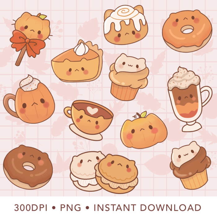 Cute Kawaii Pumpkin Spice Cat Coffee Clipart, PNG, Commercial