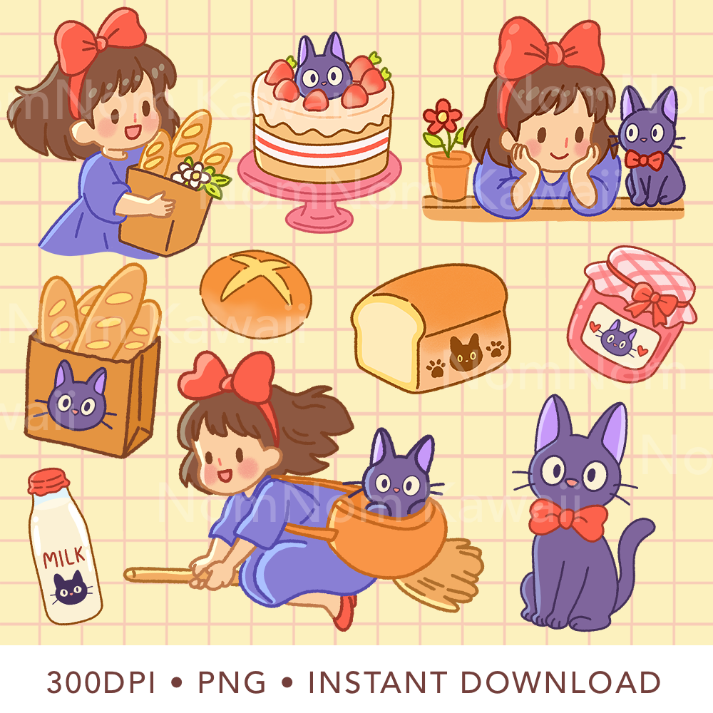 Kiki's Delivery Clipart PNG Kawaii Kiki Jiji Clipart Bakery Clipart Kawaii Cat PNG Cute Kawaii Ghibli Sticker Commercial Use